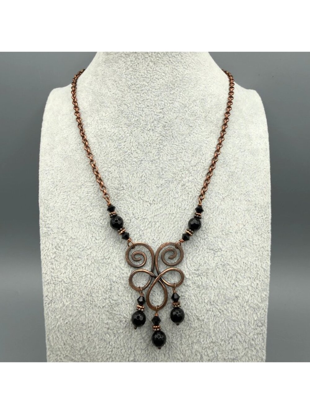 Handcrafted Copper Black Bead Scroll Swirl Pendant Necklace